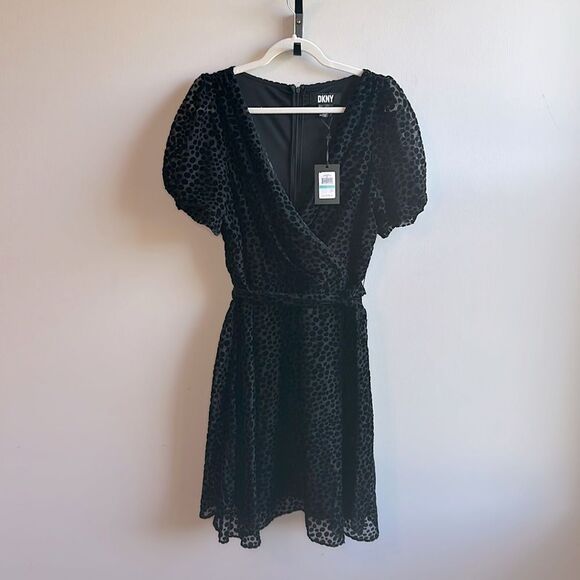 DKNY Black Tie Velvet Polka Dot Dress with Puff Sleeves 16 NWT Knee-Length - Picture 1 of 7
